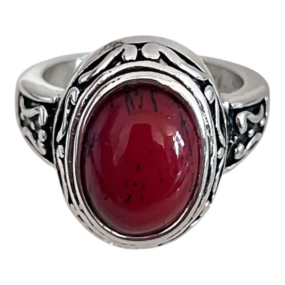 New Premier Designs Ring  Antiqued Silver Tone Red Cabochon Size 8 - 9M